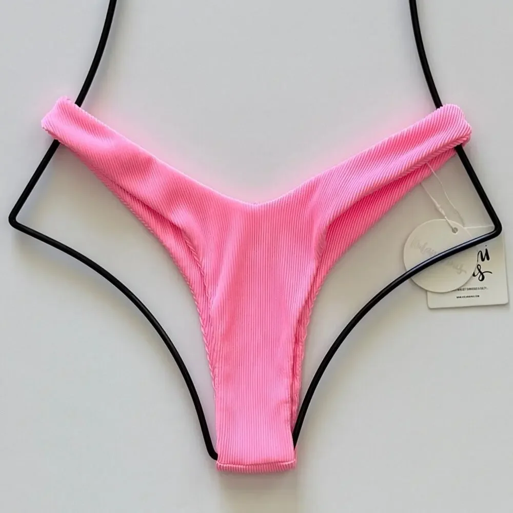 Kulani Kinis Y Cheeky Bikini Bottom - Barbie Pink Ribbed - Large - NWT